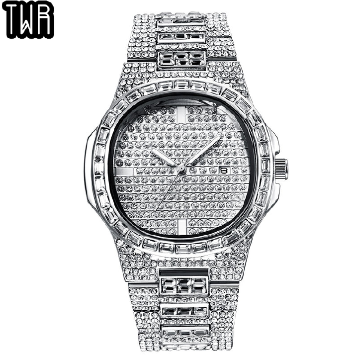 TWR Hip Hop Iced Out Mens Watches Luxury Date Quartz Baguette Wrist Watches With Micropave CZ For Women Men Jewelry