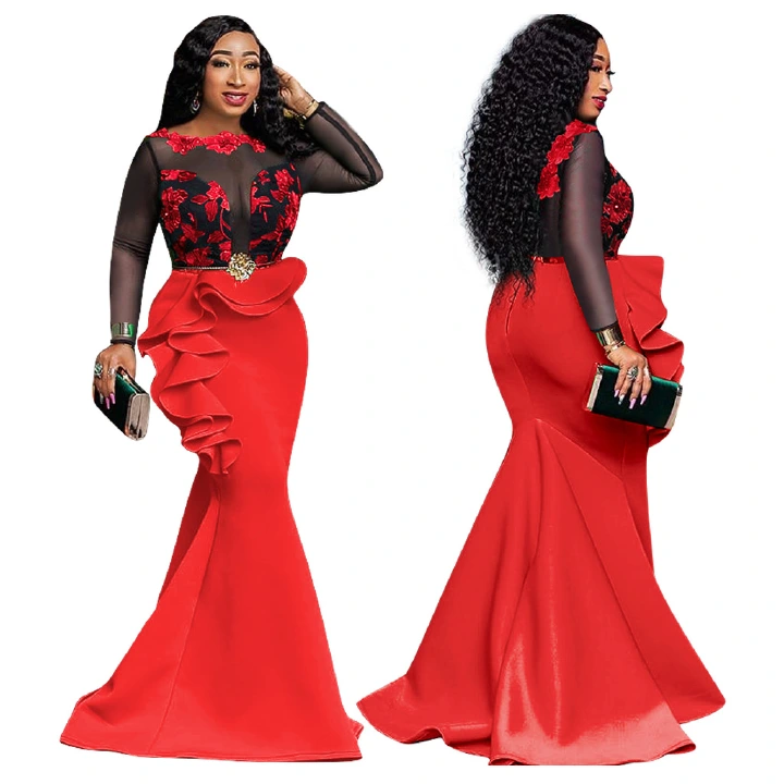 Plus Size African Maxi Dress For Woman Sexy Mesh Ruffles Wedding Evening Long Print Africa Bodycon Dresses for Ladies