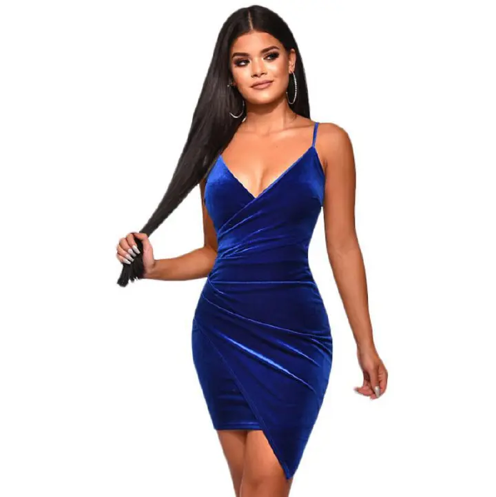 Party Dress Women Sexy Velvet Bodycon Nightdress Backless V-Neck Midi Charm Irregularity Hem Royal Blue Elegant Ladies Vestidos