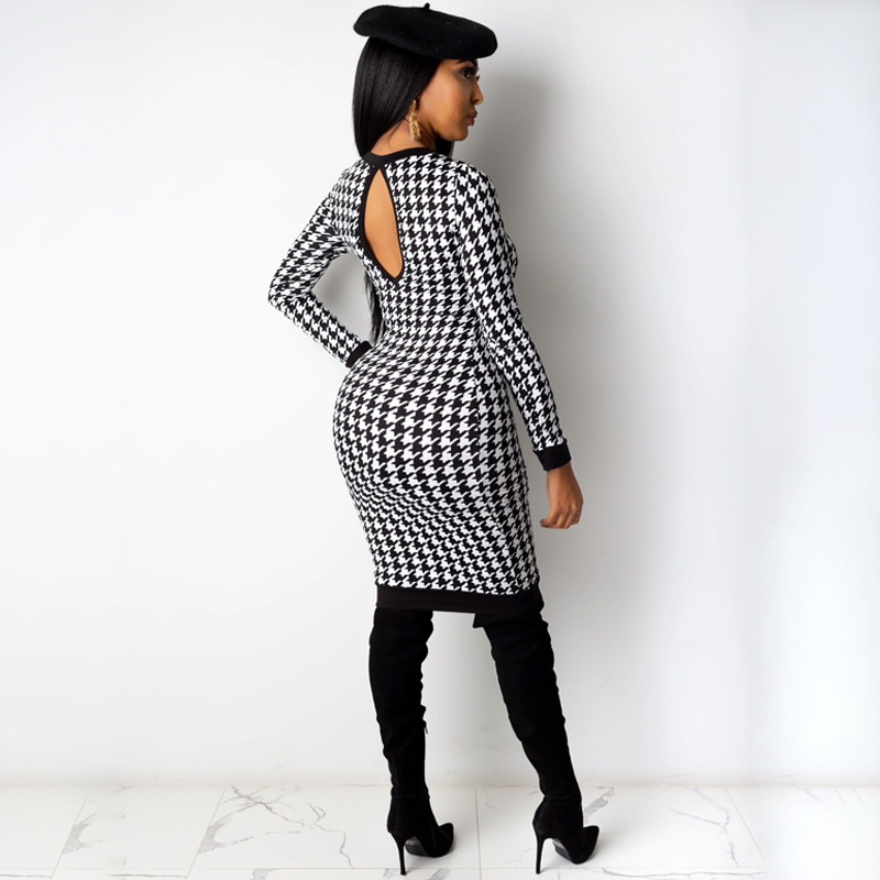 Buy ThusFar Women's Vintage Houndstooth Dress - Long Sleeve Bodycon Slim  Fit Pencil Dress,Black-S at