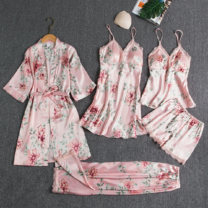 Spring Pajamas Suit Sexy Five Piece Set SEXY Lace Trim Wedding Robe Set Kimono Bathrobe Gown Thin Silk Sleepwear Home Clothes