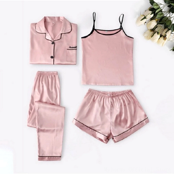 4 Pieces Sets Silk Pajamas For Women Sleepwear Women Sexy Crossbody Shorts Sexy Sex Long Pants Long Sleeve Sleepwear Satin Pajamas