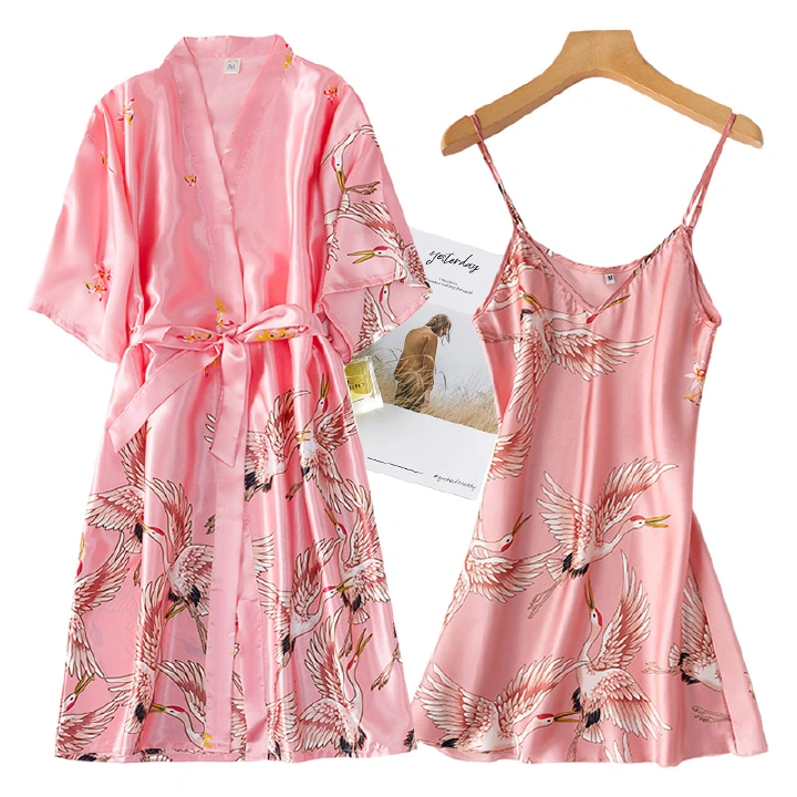 Sexy Nightgown Dress Sets Women 2PC Pajamas V-Neck Pajamas Smooth Sleepwear Spring Women Sleepwear Robe Home Wear Negligee Homewear