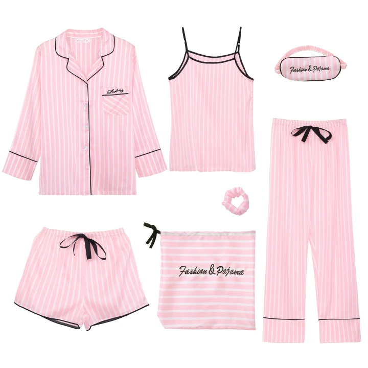 Pink Women's Pajama Set Silk Striped Pyjama Women Sleepwear Set Autumn Winter Homewear Sleepwear Robe Long Sleeve Nightwear Pjs