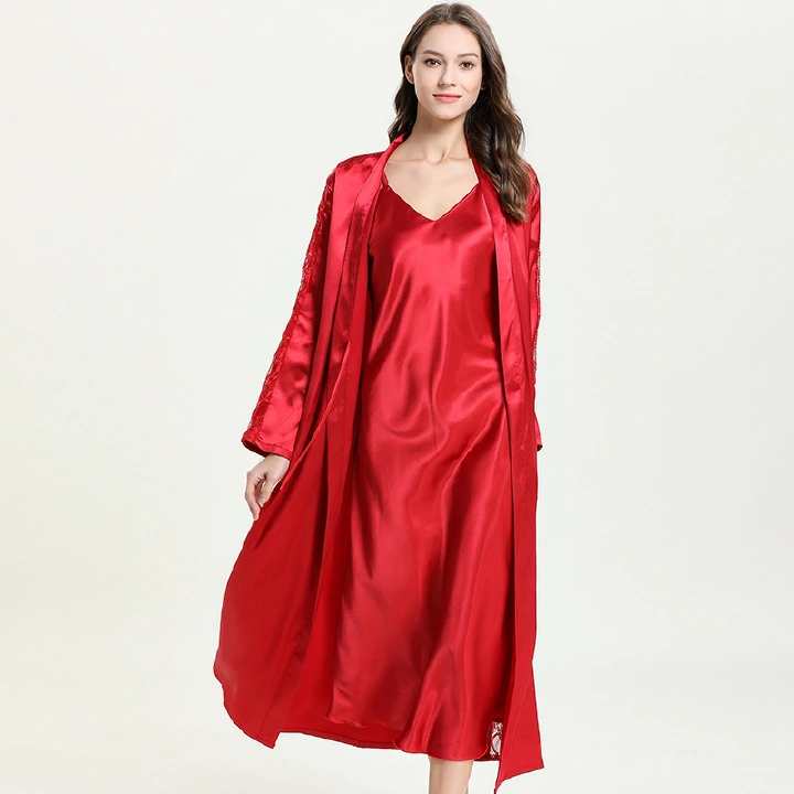 2 PCS Robe Set Female Lace Hollow Out Kimono Long Bathrobe Gown Suit Sexy Intimate Lingerie Spring V-Neck Sleepwear Loungewear