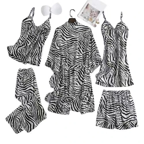 Nighty Pajamas Set Womens Robe Gown Sexy 5PCS Nightsuits V-Neck Nightdress Sleep Suit Nightshirts Kimono Pyjama Home Clothes