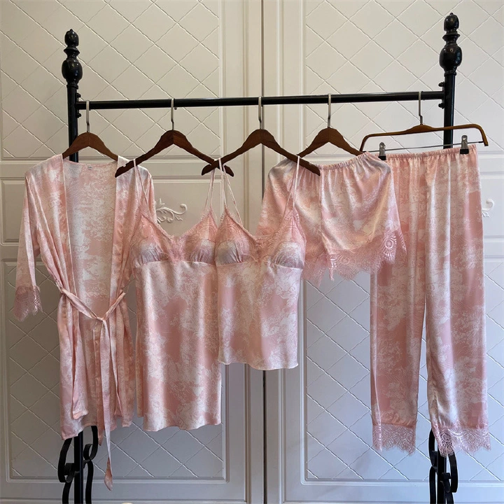 5pcs Print Women Satin Pajamas Suit Summer V-Neck Kimono Robe Gown Set With Cheast Pads Nightwear Sexy Lounge Wear Sleepwear