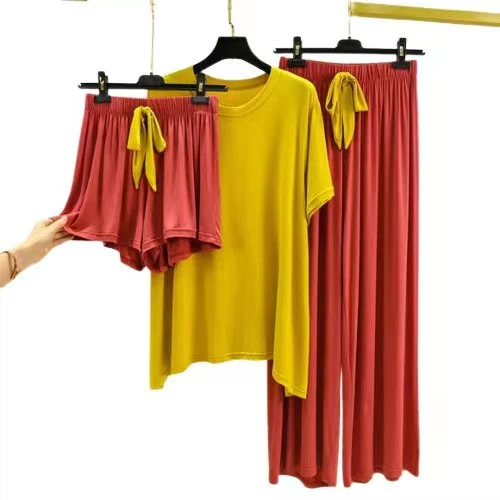 Short-Sleeved Shorts + Trousers Women 3 Pcs Home Suit Summer New Pajamas Modal Nightwear Pyjama Femme Sleeping Clothes