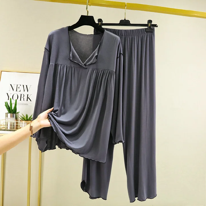 Loose Sleep Lounge Pajamas Set Long Sleeve Top + Trousers Modal Flash Sleepwear Women Night Suits