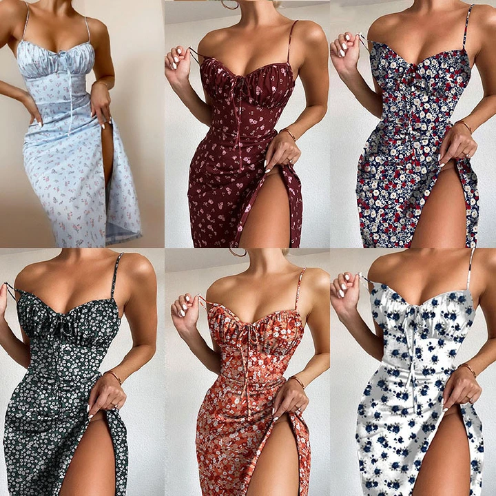 Summer Dress Spaghetti Straps Pleated Lady Dress Split Hem Floral Print Sling Midi Dress for Women 2022 Red Clothing robe rouge