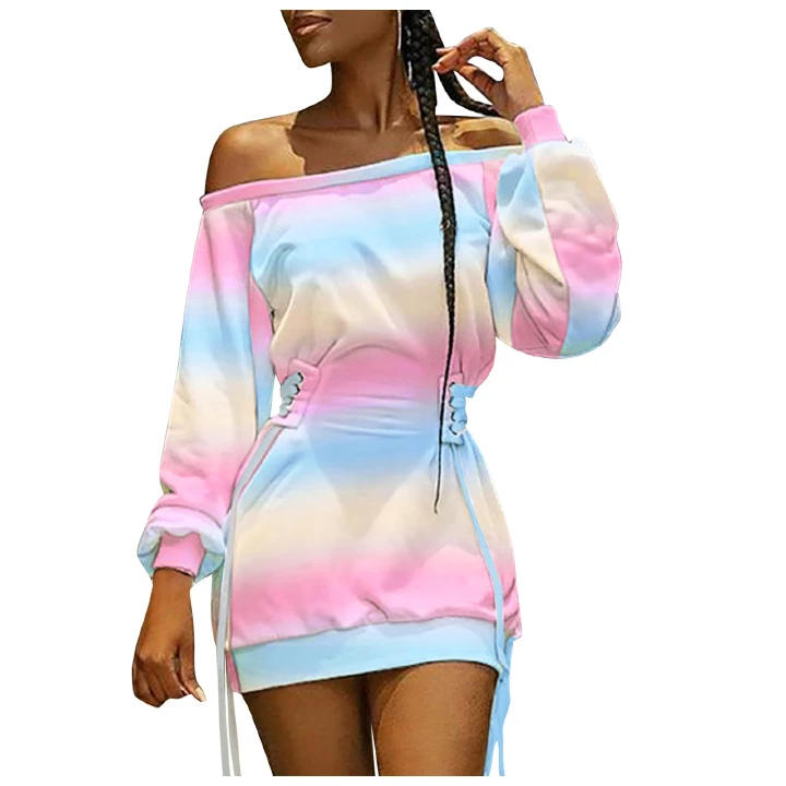 Women Gradient Rainbow Print Dress Off Shoulder Lace Up Eyelet Sweatshirts Dress Loose Warm Oversized Long Sleeve Dress Vestidos