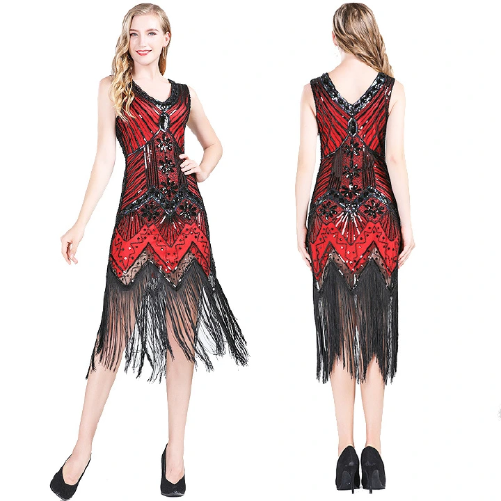 Women's Flapper Dresses V Neck 1920s Beaded Fringed Great Gatsby Dress