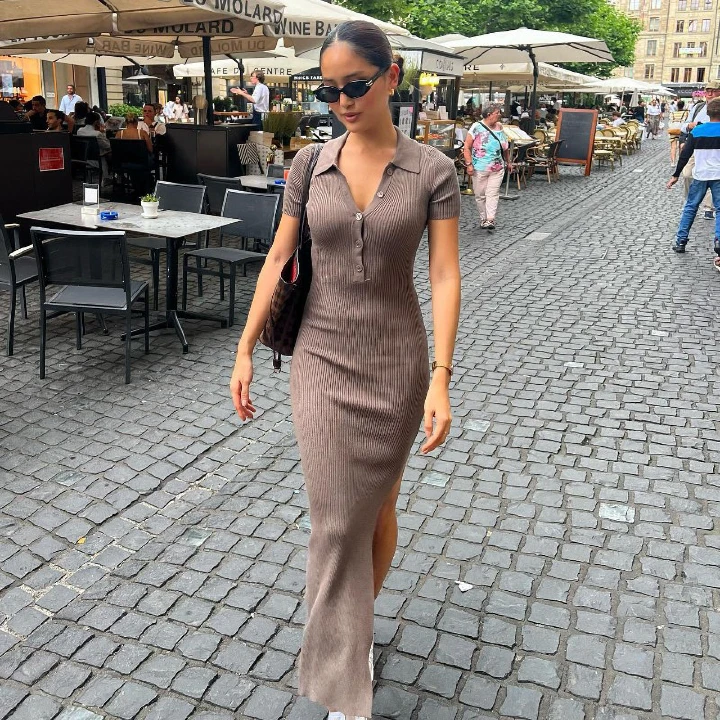 2022 summer new women's lapel single-breasted slit show leg length slim bag hip dress