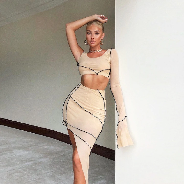 Sexy Sheer Mesh Top and Midi Skirts Women Fashion Outfit Long Sleeve