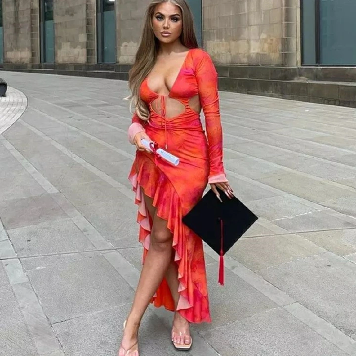 Ruffle Slit Cut Out Sexy Backless Maxi Dress Women Party Club Vestido Elegant Outfits Long Sleeve Dresses Clothes