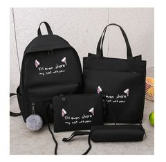 Backpack New Print Four Piece Student Bag Fashion Small Fresh Casual Travel Backpack Gift Black 40*30*13cm