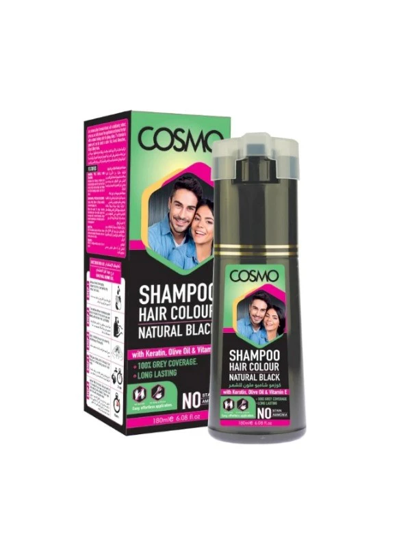 Cosmo Hair Colour Natural & Healthy Black Shampoo 180ML For Unisex - With Keratin, Olive Oil & Vitamin E, 100% Grey Coverage, Long Lasting, No Stain, No Ammonia