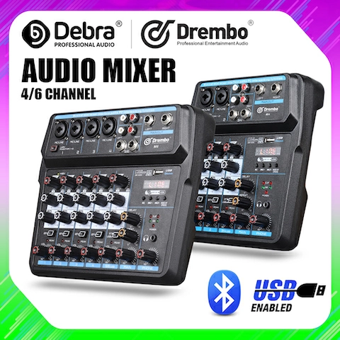 Drembo 4/6channel Protable Digital Audio Mixer Console With Sound Card,Bluetooth, USB, 48V Phantom Power for DJ PC Recording
