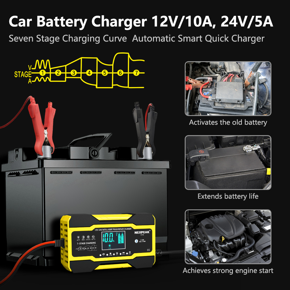 Automatic Battery-chargers Digital LCD Display 12V-24V 10A Car Battery Chargers Power Puls Repair Chargers Wet Dry Lead Acid