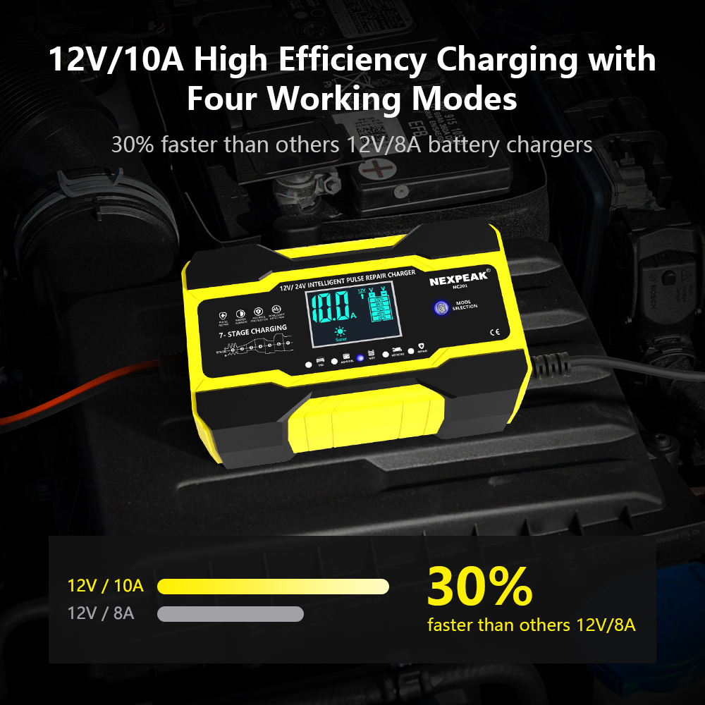 Automatic Battery-chargers Digital LCD Display 12V-24V 10A Car Battery Chargers Power Puls Repair Chargers Wet Dry Lead Acid