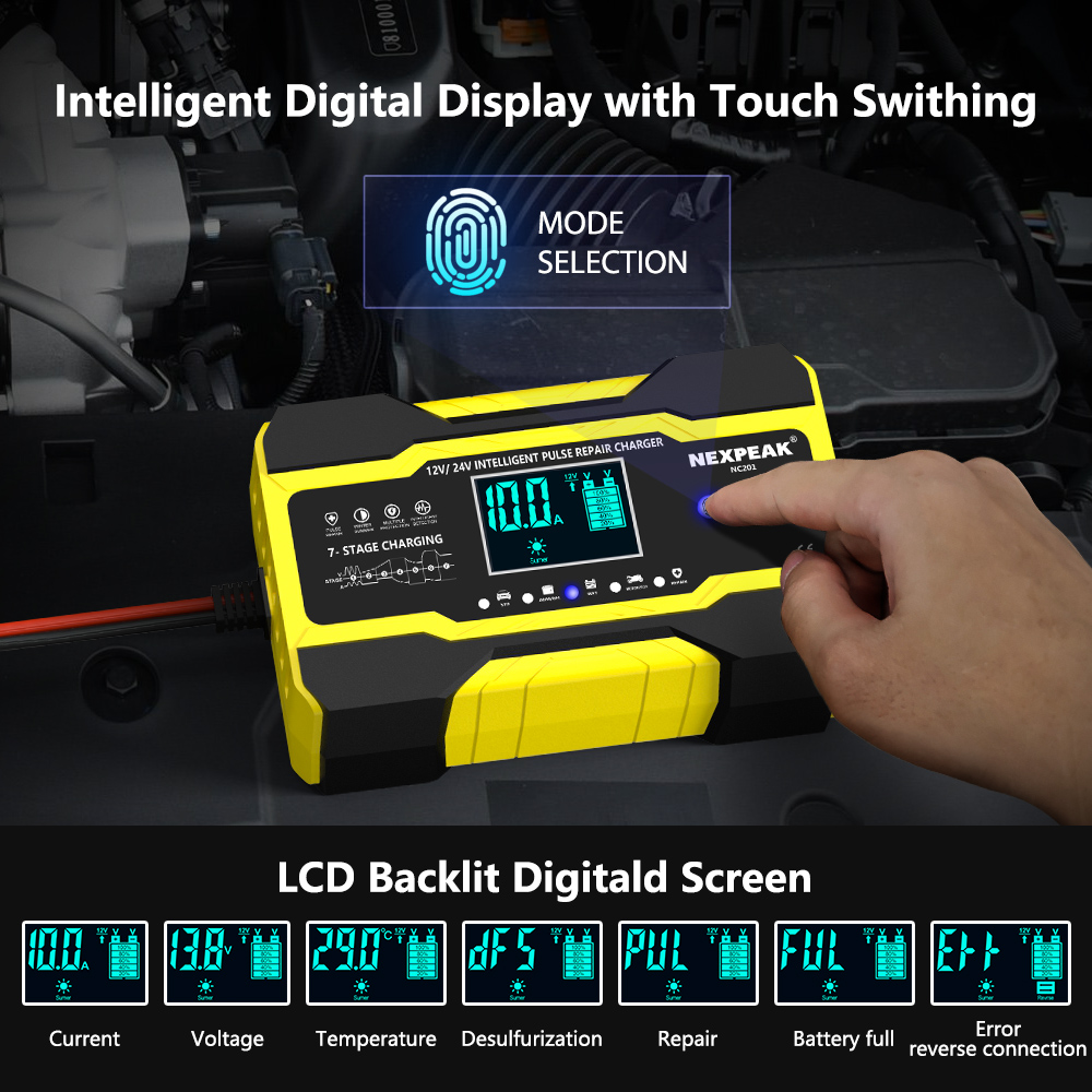 Automatic Battery-chargers Digital LCD Display 12V-24V 10A Car Battery Chargers Power Puls Repair Chargers Wet Dry Lead Acid