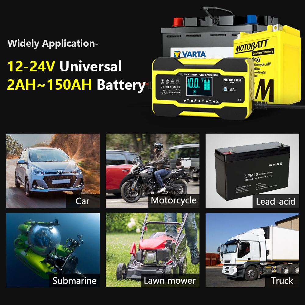 Automatic Battery-chargers Digital LCD Display 12V-24V 10A Car Battery Chargers Power Puls Repair Chargers Wet Dry Lead Acid