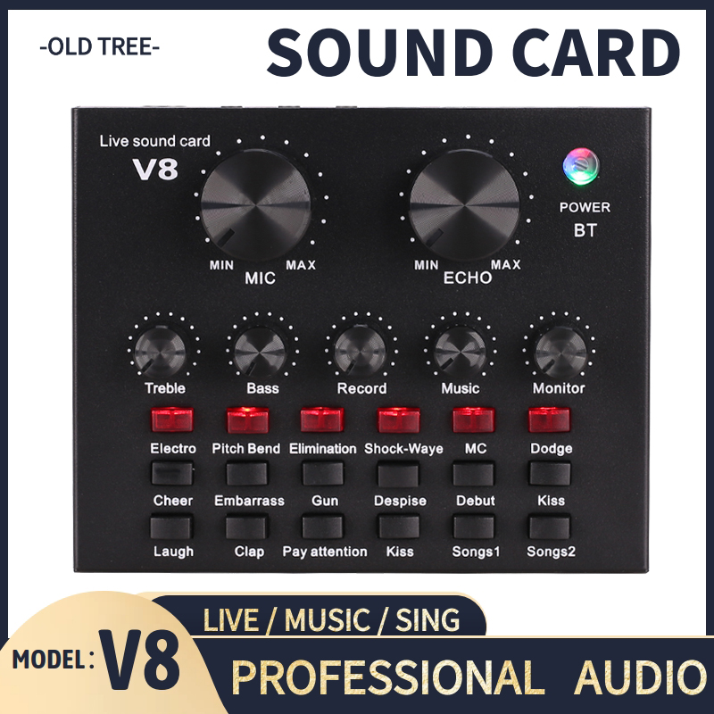 V8 Sound Cards Audio Bluetooth Professional Studio Recording Webcast Personal Entertainment Live Broadcast Microphone Computer Phone USB soundcard for microphone