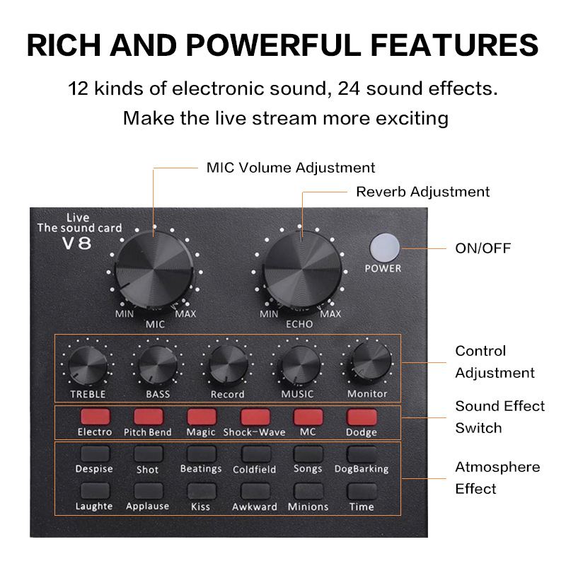 Microphone and Professional Audio V8 Sound Card Set BM800 Mic Studio Condenser Microphones for Karaoke Podcast Recording Live Streaming