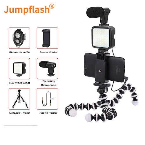 KIT-03LM Jumpflash Tripod Vlogging Kits Photography With Microphone LED Fill Light Phone Holder For Interview Live Recording YouTube