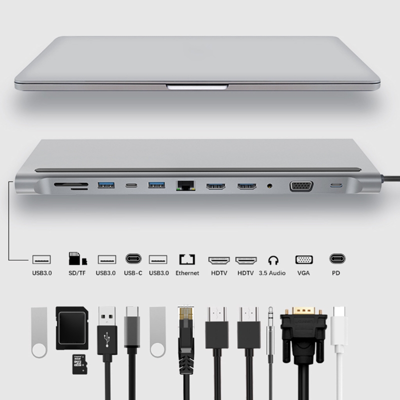 12-In-1 USB Type-C Hub to Dual -HDMI-compati Rj45 Multi USB 3.0 Power Adapter Docking Station for Laptop Support Pd Transmission