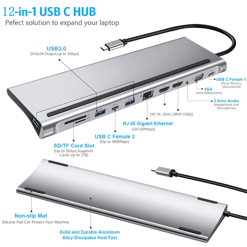 12-In-1 USB Type-C Hub to Dual -HDMI-compati Rj45 Multi USB 3.0 Power Adapter Docking Station for Laptop Support Pd Transmission