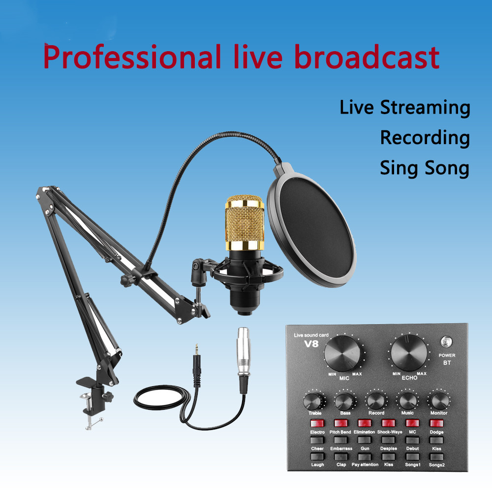 BM800 Studio Condenser Microphone Mic Professional Live Broadcast Suit With V8 Sound Card For Live Streaming Singing Recording