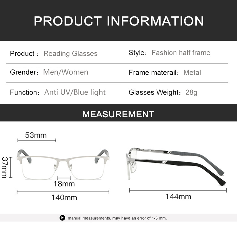 Half Rim Reading Glasses for Men Presbyopia UV Protection Computer Anti-blue Light Radiation Metal Frame Silver 1.5 2.5