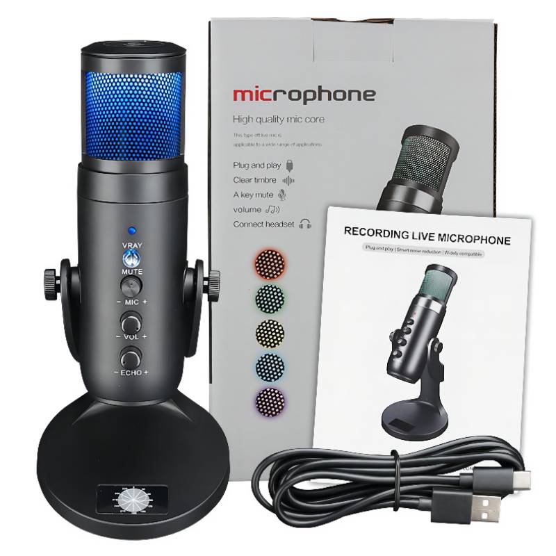 Recording RGB Condenser Microphone for iPhone Android Laptop Computer Professional USB Mic with Earphone for Game Live Broadcast