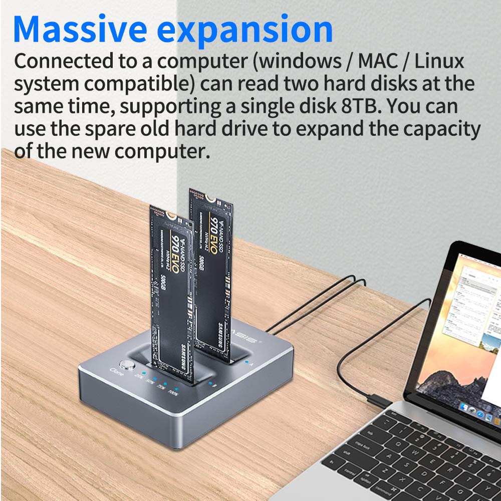 ACASIS NVMe Dual Bay Enclosure Clone Docking Station M.2 USB3.1 Gen2 Type C External Hard Disk Box for M2 SSD and M Key SSD