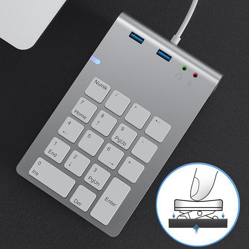 USB Numeric Keypad 18 Keys with USB 3.0 Port Hubs and Audio Adapter for Mini Digital Keyboard Ultra Slim Number Pad PC