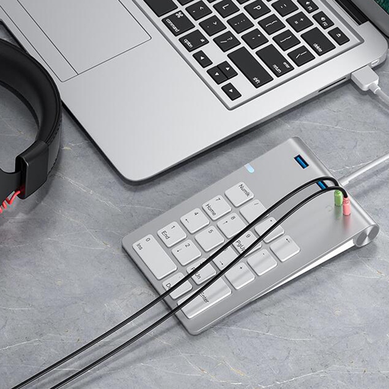 USB Numeric Keypad 18 Keys with USB 3.0 Port Hubs and Audio Adapter for Mini Digital Keyboard Ultra Slim Number Pad PC