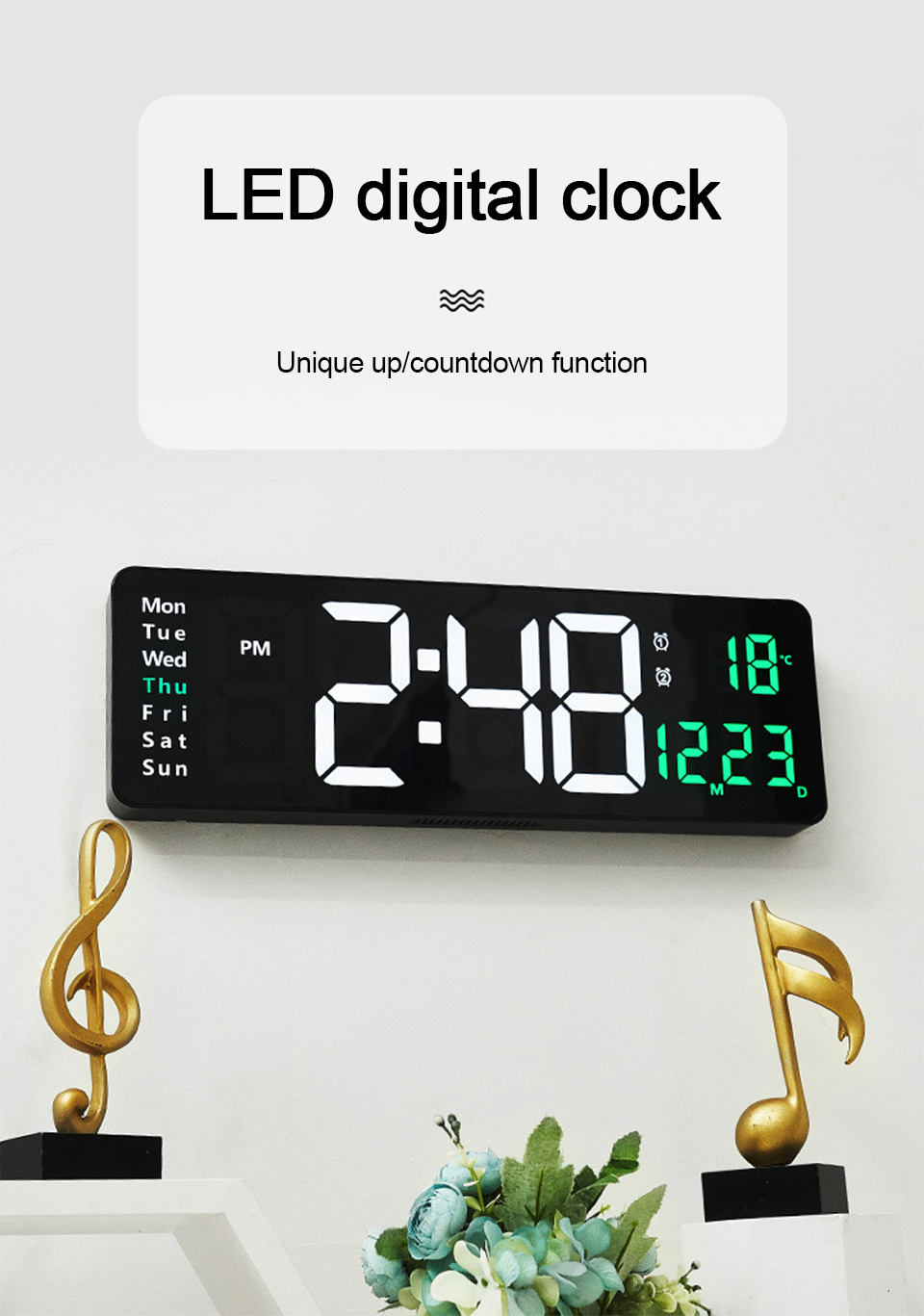 Large Digital Wall Clock Remote Control Temp Date Week Display Power Off Memory Table Clock Wall-mounted Dual Alarms LED Clocks