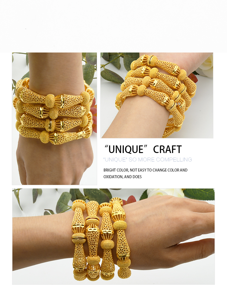 4pcs/Lot Indian Gold Color Bangles Charm Bracelets For Women African Jewelry Luxury Dubai Gold Plated Jewellery Wedding Gift