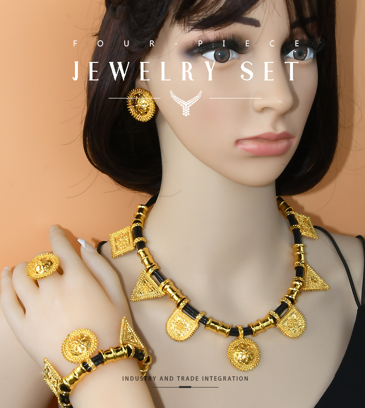 Female African Coin Jewelry Sets Nigerian Luxury Party Gift Dubai Gold Color Necklace Earrings Bracelet Ring Wedding Jewellery