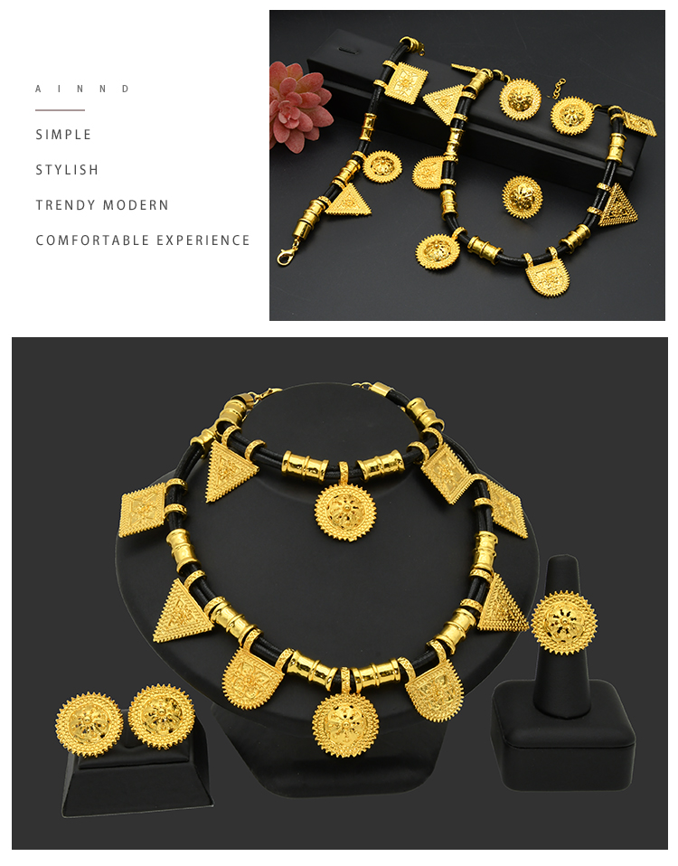 Female African Coin Jewelry Sets Nigerian Luxury Party Gift Dubai Gold Color Necklace Earrings Bracelet Ring Wedding Jewellery