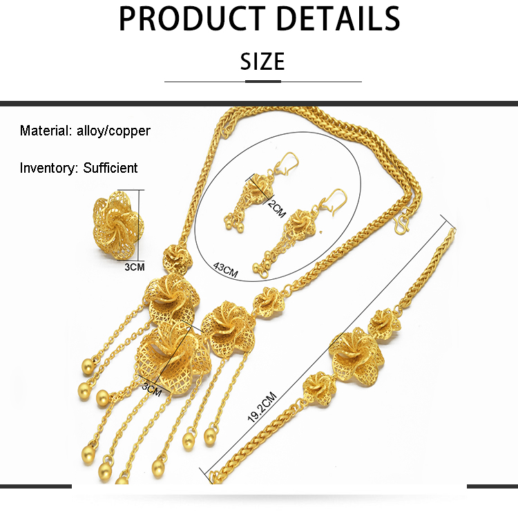 Luxury Dubai Jewelry Set 24K Gold Plated Big Nigerian Indian Necklaces Earrings Rings Sets Flower With Tassel Jewellery Wedding