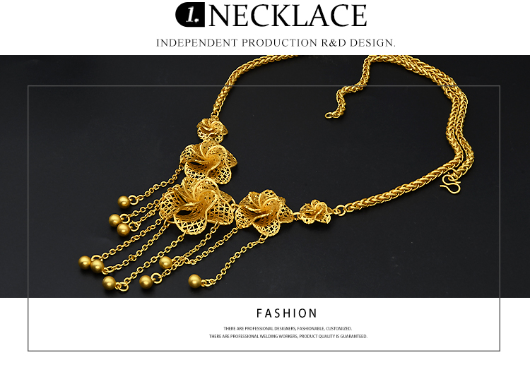 Luxury Dubai Jewelry Set 24K Gold Plated Big Nigerian Indian Necklaces Earrings Rings Sets Flower With Tassel Jewellery Wedding