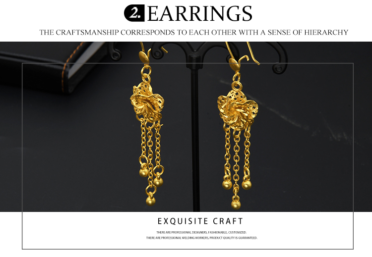 Luxury Dubai Jewelry Set 24K Gold Plated Big Nigerian Indian Necklaces Earrings Rings Sets Flower With Tassel Jewellery Wedding