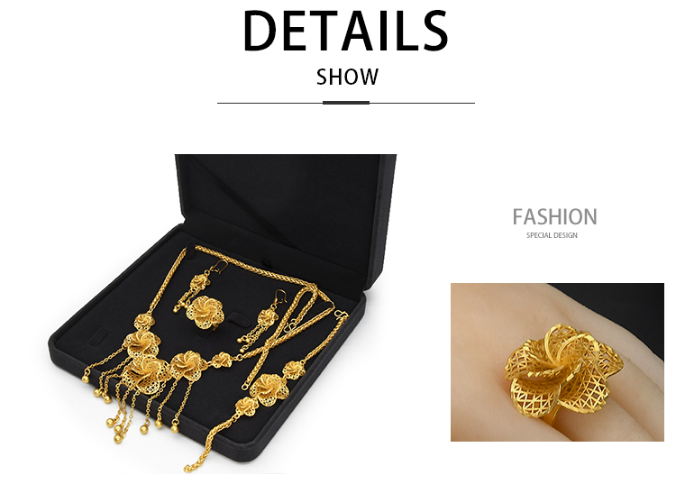 Luxury Dubai Jewelry Set 24K Gold Plated Big Nigerian Indian Necklaces Earrings Rings Sets Flower With Tassel Jewellery Wedding