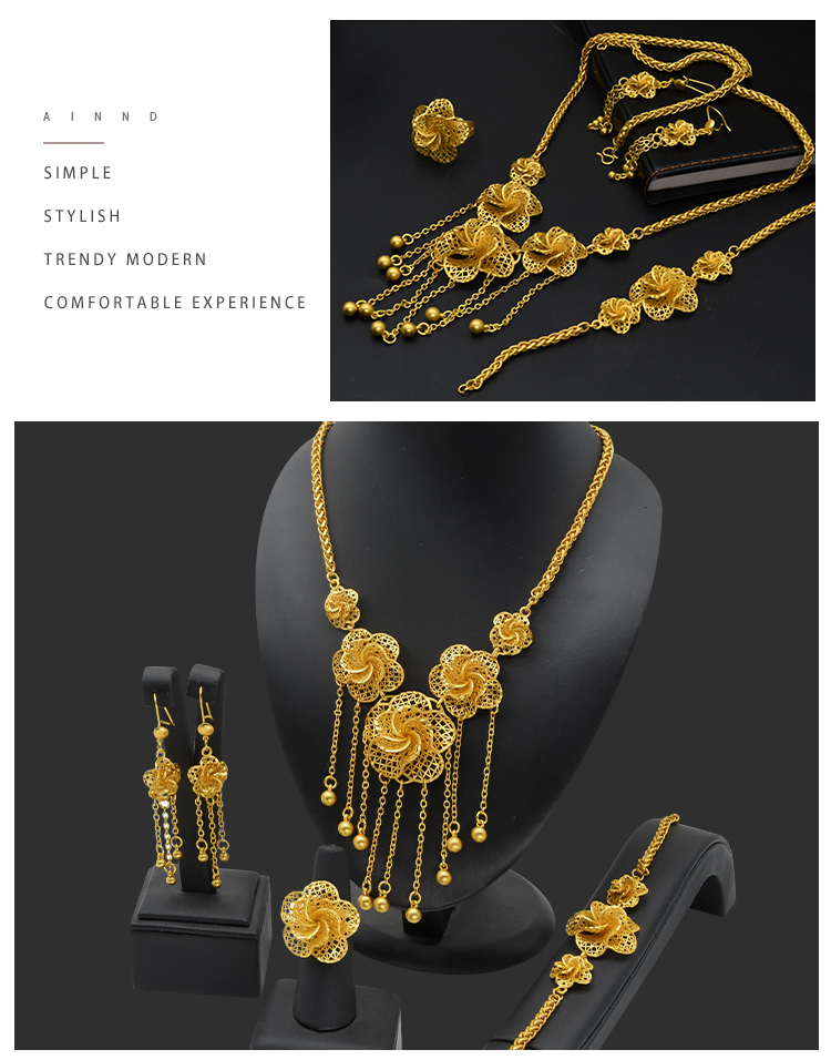 Luxury Dubai Jewelry Set 24K Gold Plated Big Nigerian Indian Necklaces Earrings Rings Sets Flower With Tassel Jewellery Wedding