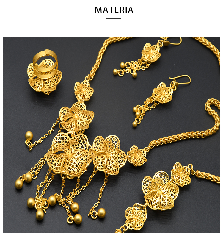 Luxury Dubai Jewelry Set 24K Gold Plated Big Nigerian Indian Necklaces Earrings Rings Sets Flower With Tassel Jewellery Wedding