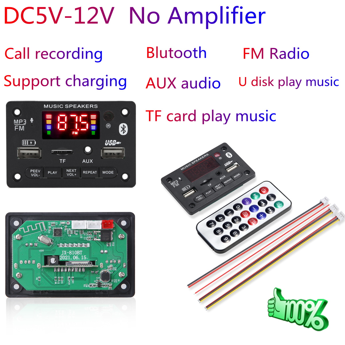 6V 12V Bluetooth 5.0 MP3 Decoding Board Module Wireless Car USB MP3 Player TF Card Slot USB FM with Microphone Handsfree control