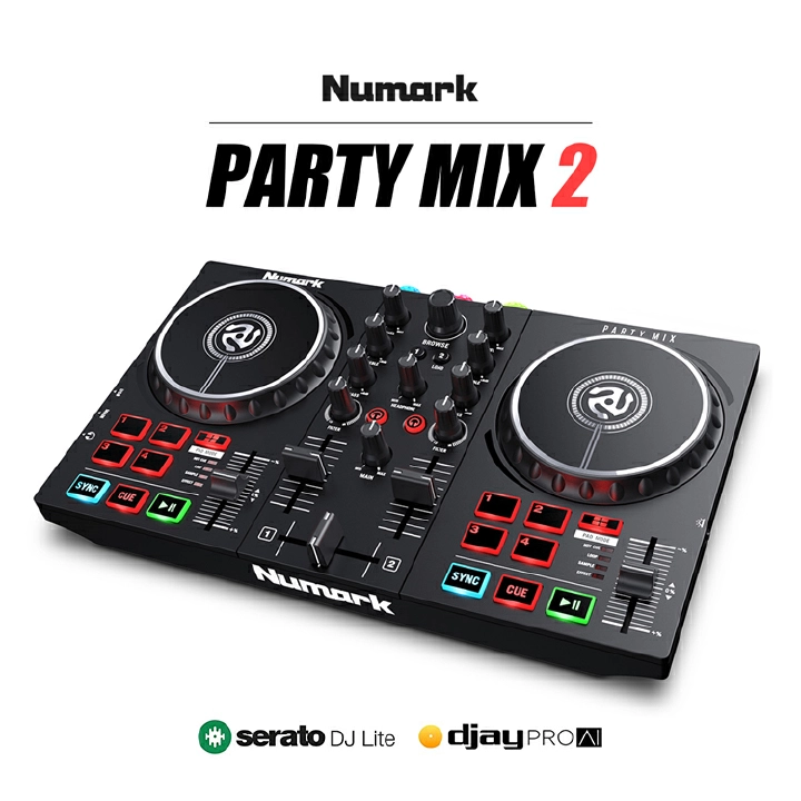 Numark Party Mix II - Complete DJ Controller Set for Serato DJ with 2 Decks, Party Lights, Headphone Output, Performance Pads and Crossfader/Mixer