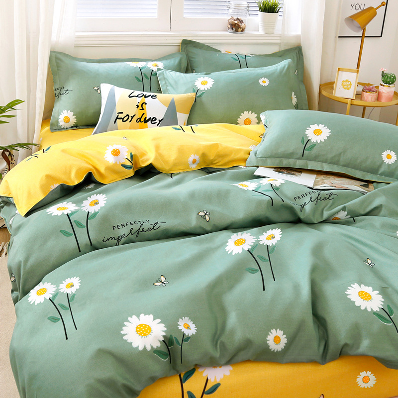 4PCS Bedding Set Daisy print 1PC Duvet Cover+1 PC Bed Sheet+2PCS Pillow Covers Aloe cotton (without duvet) Bedding sets & accessoriesGreen,5*6